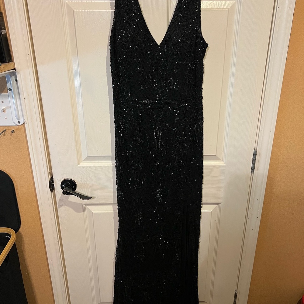 Camille La Vie Black Sequin V-Neck Prom Gown
